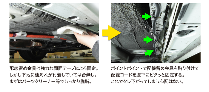 ポイントポイントで配線留め金具を貼り付けて配線コードを腹下にビタっと固定する。これでタレ下がってしまう心配はない。