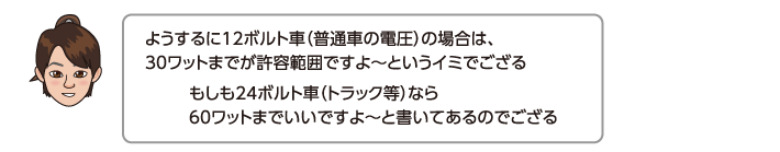 ようするに12ボルト車（普通車の電圧）の場合は、30ワットまでが許容範囲ですよ〜というイミでござる