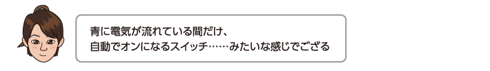 青に電気が流れている間だけ、自動でオンになるスイッチ……みたいな感じでござる