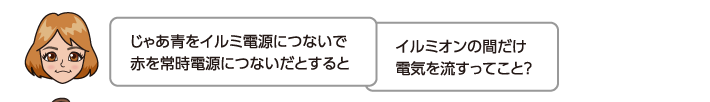 じゃあ青をイルミ電源につないで赤を常時電源につないだとするとイルミオンの間だけ電気を流すってこと？