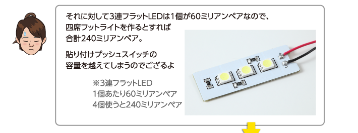 それに対して3連フラットLEDは1個が60ミリアンペアなので、四席フットライトを作るとすれば合計240ミリアンペア。