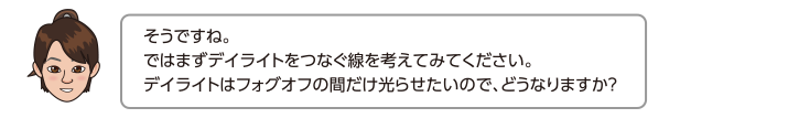 そうですね。ではまずデイライトをつなぐ線を考えてみてください。デイライトはフォグオフの間だけ光らせたいので、どうなりますか？