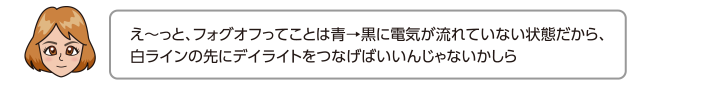 え〜っと、フォグオフってことは青→黒に電気が流れていない状態だから、白ラインの先にデイライトをつなげばいいんじゃないかしら