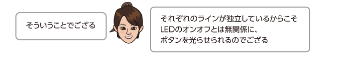 それぞれのラインが独立しているからこそLEDのオンオフとは無関係に、ボタンを光らせられるのでござる