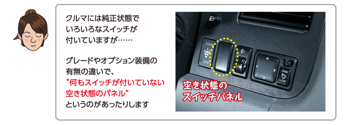 グレードやオプション装備の有無の違いで、何もスイッチが付いていない空き状態のパネルというのがあったりします