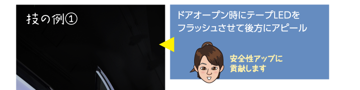 ドアオープン時にテープLEDをフラッシュさせて後方にアピール