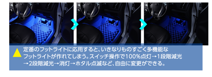 定番のフットライトに応用すると、いきなりものすごく多機能なフットライトが作れてしまう。スイッチ操作で100％点灯→1段階減光→2段階減光→消灯→ホタル点滅など、自由に変更ができる。