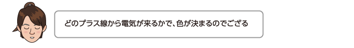 どのプラス線から電気が来るかで、色が決まるのでござる