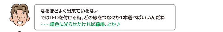 なるほどよく出来ているなァではLEDを付ける時、どの線をつなぐか1本選べばいいんだね……緑色に光らせたければ緑線、とか♪